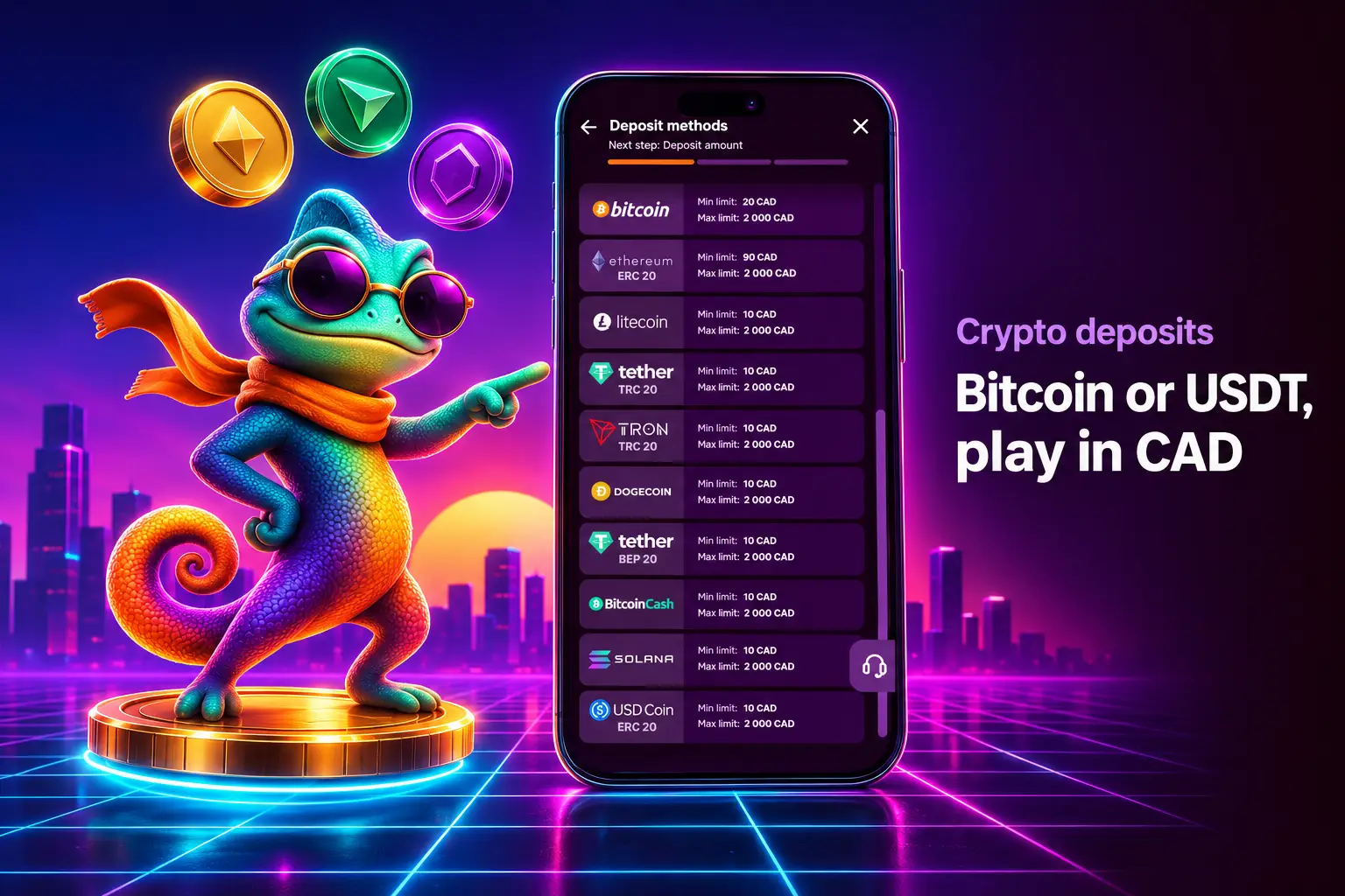 Crypto deposit options in the cashier with Bitcoin, USDT and Solana