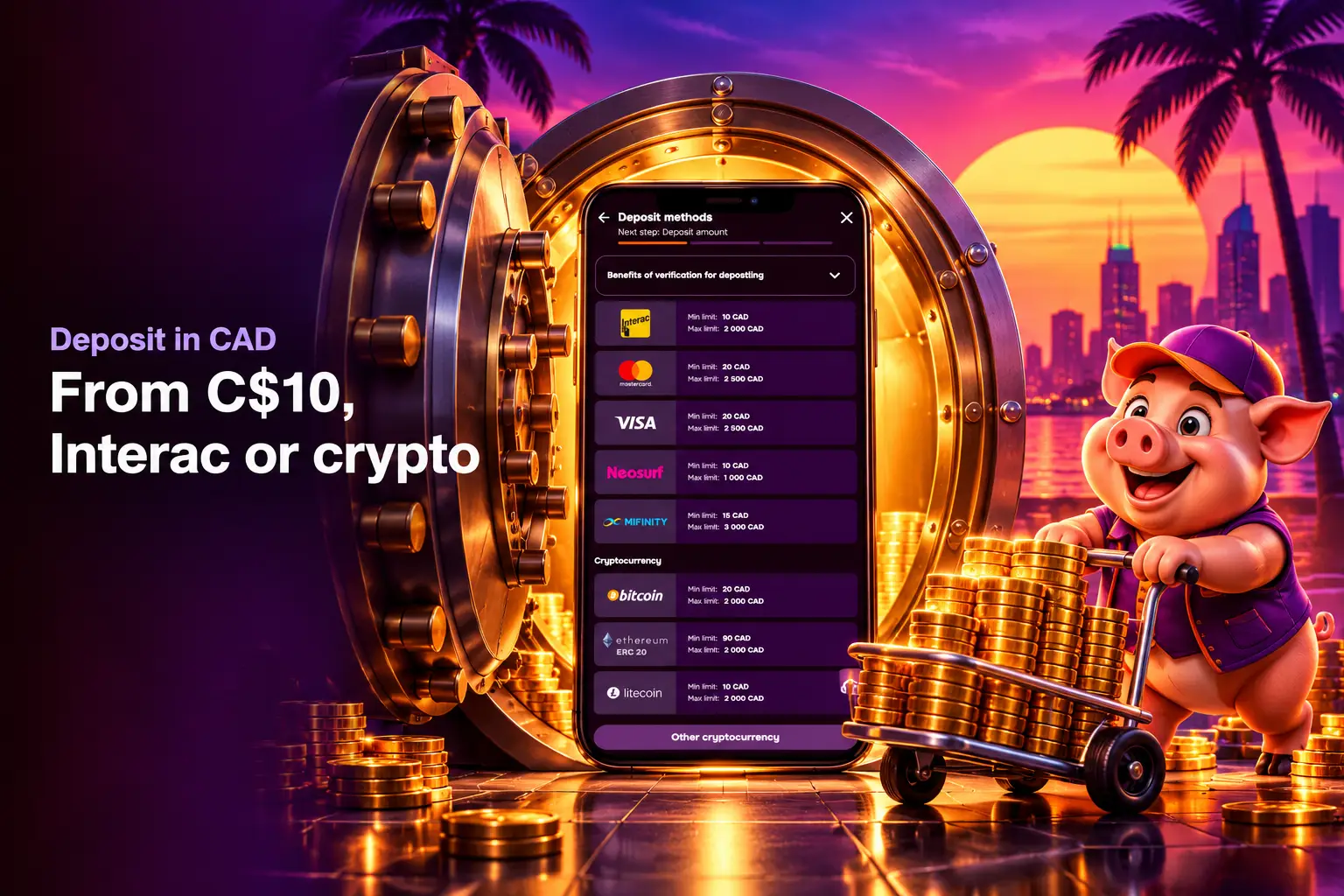Deposit cashier with Interac, cards and crypto in CAD