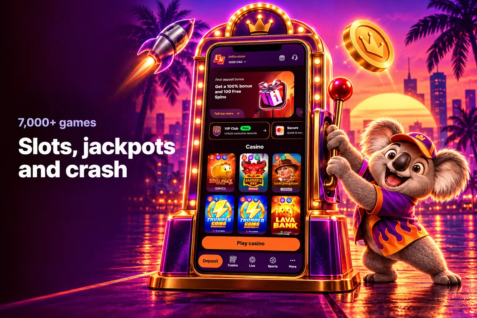 Casino game lobby with slots, jackpots and crash games in CAD