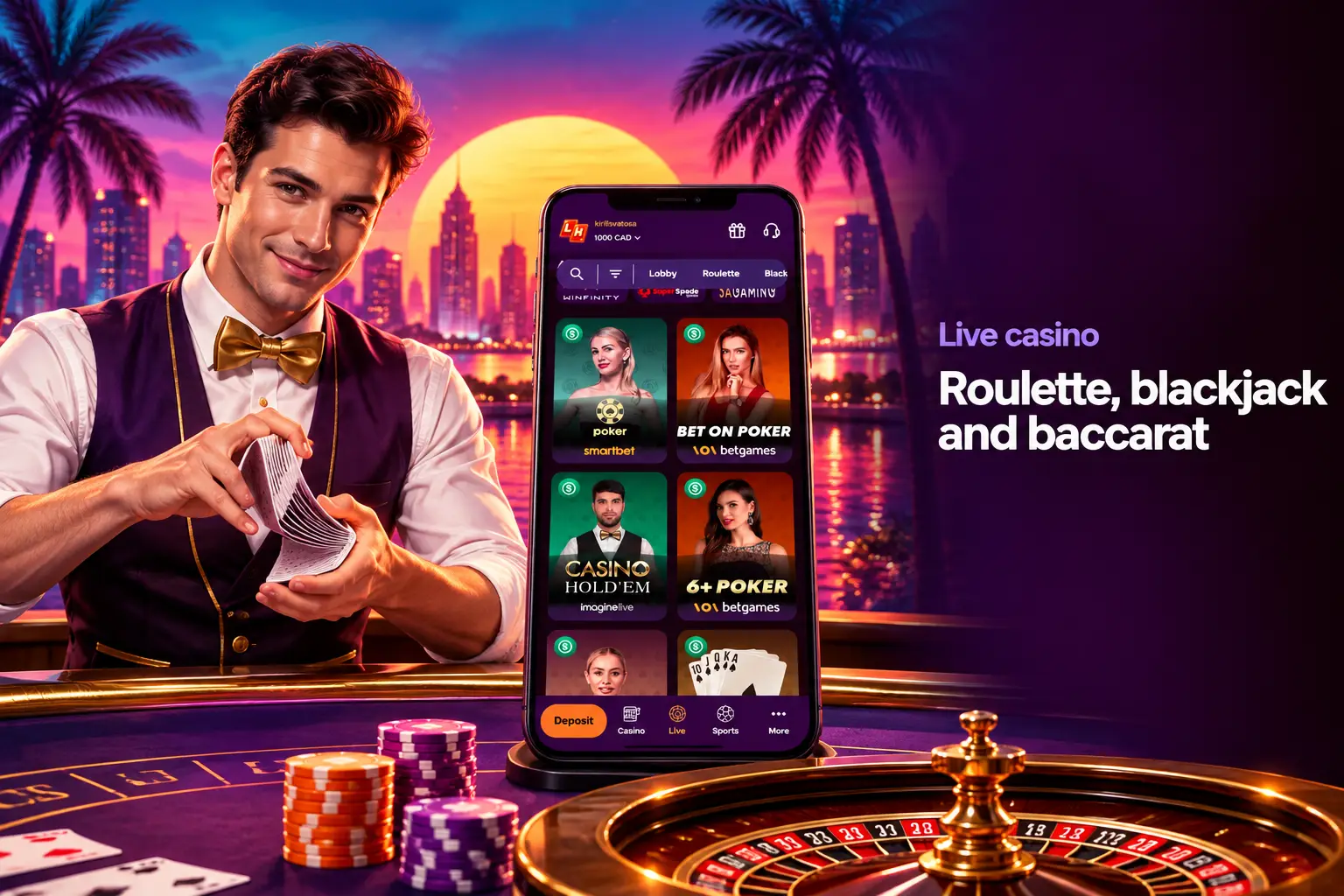 Live casino lobby with roulette, blackjack and game show tables
