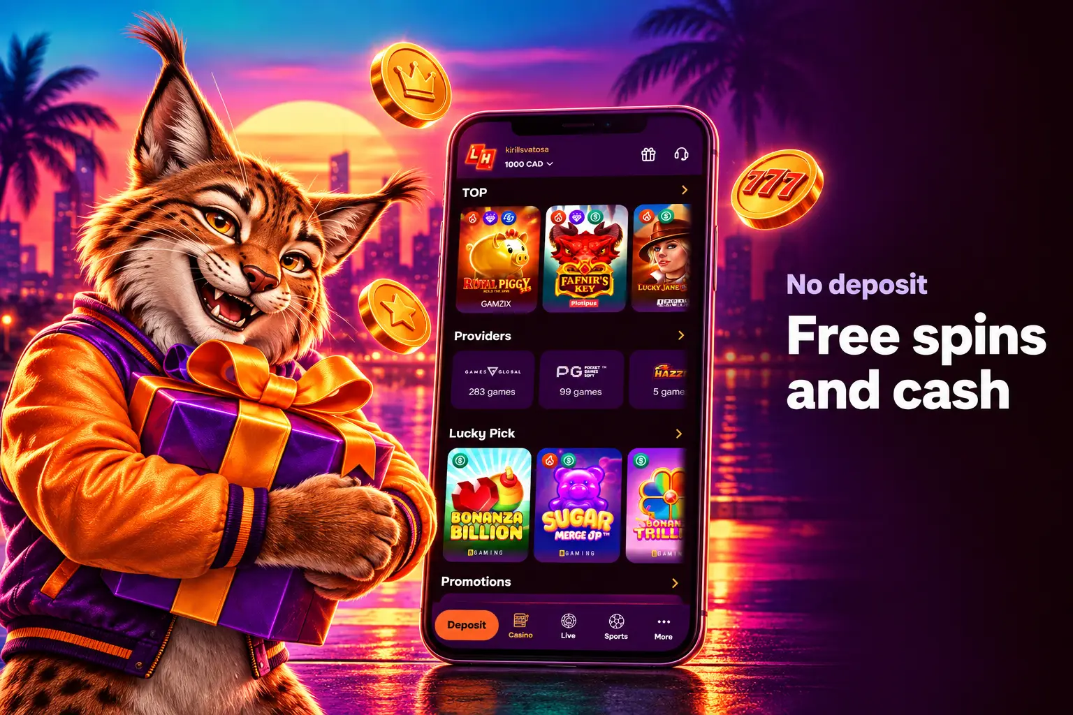 Bonuses section of a Canadian account with no deposit free spins and cashback