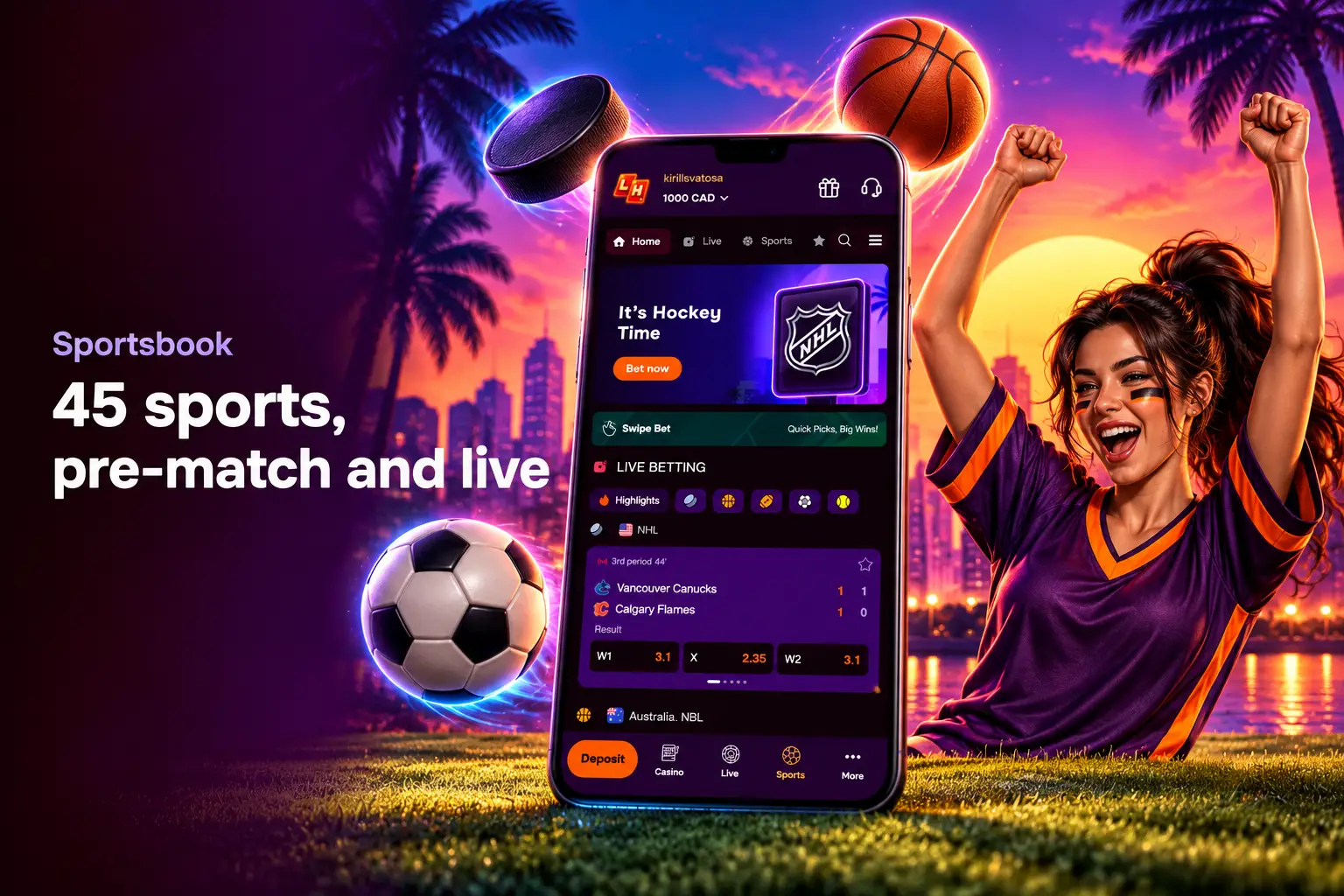 Sportsbook lobby with NHL banner, live events and popular competitions